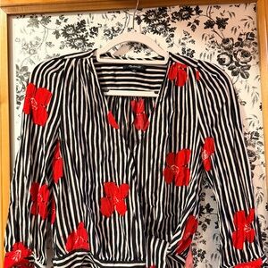 Madewell Black & White Striped Wrap Top with Red Floral Accents